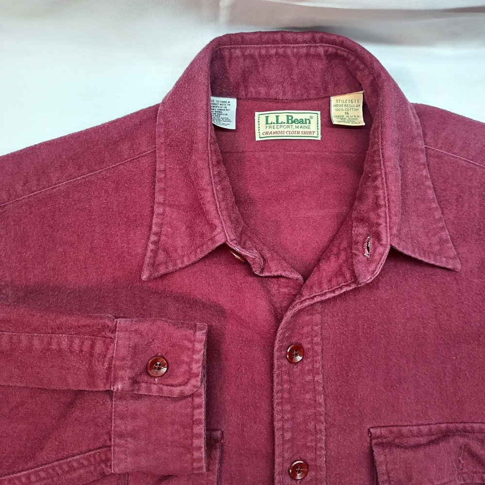 LL Bean Chamois Cloth Shirt Mens 16 Burgundy Red Vintage Cotton Flannel 1611 USA